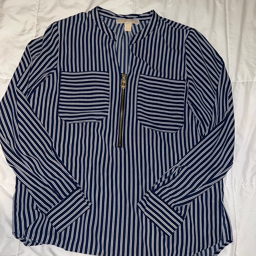 Women’s Navy and white pinstripe blouse with gold buttons, gold zipper, flows